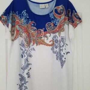 Zenergy by Chicos Scoop Neck Top White with Paisley Print Cap Sleeve Size 2 EXC